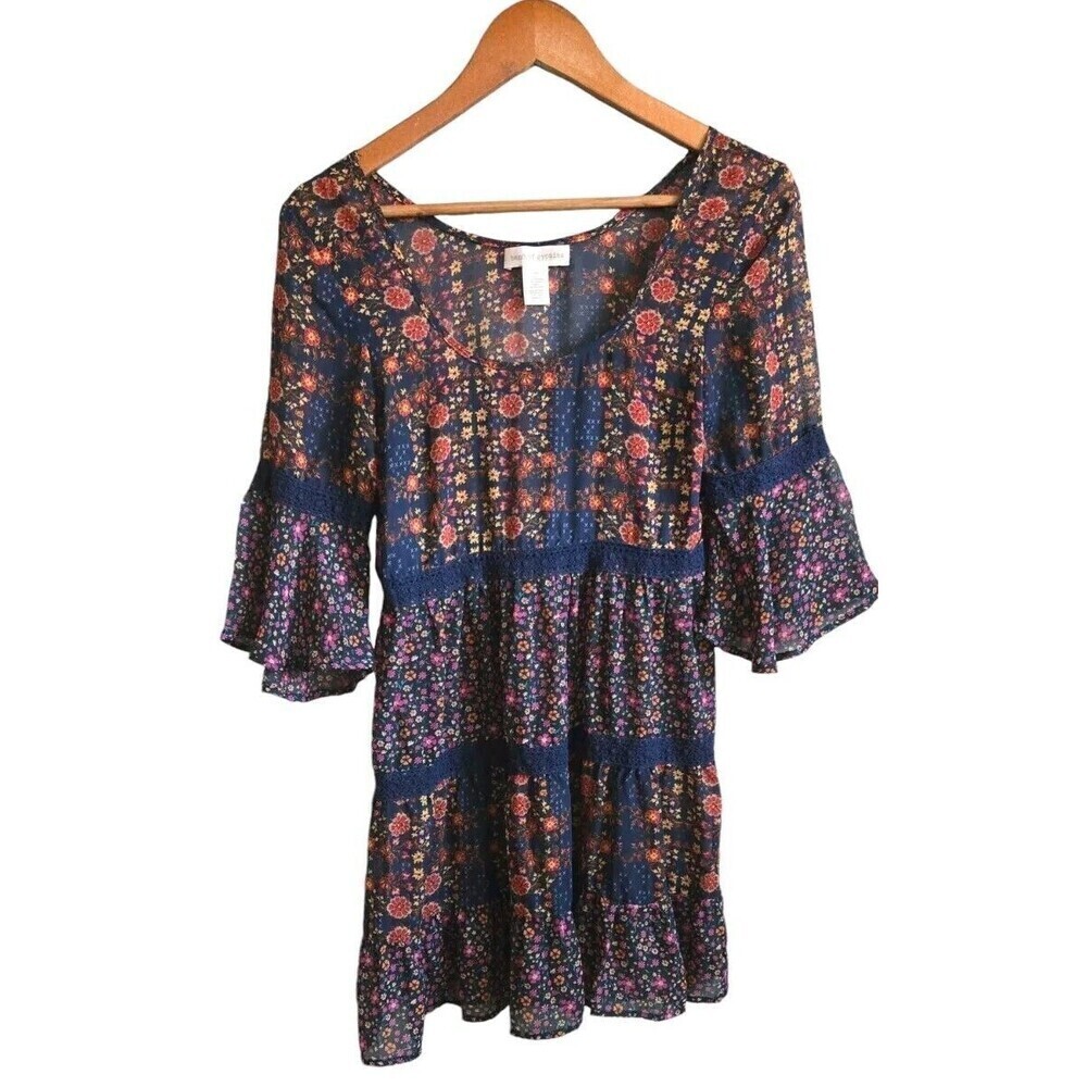 Band Of Gypsies Blouse Womens XS Mixed Floral Print Semi-Sheer Bell Sleeves - Picture 1 of 7